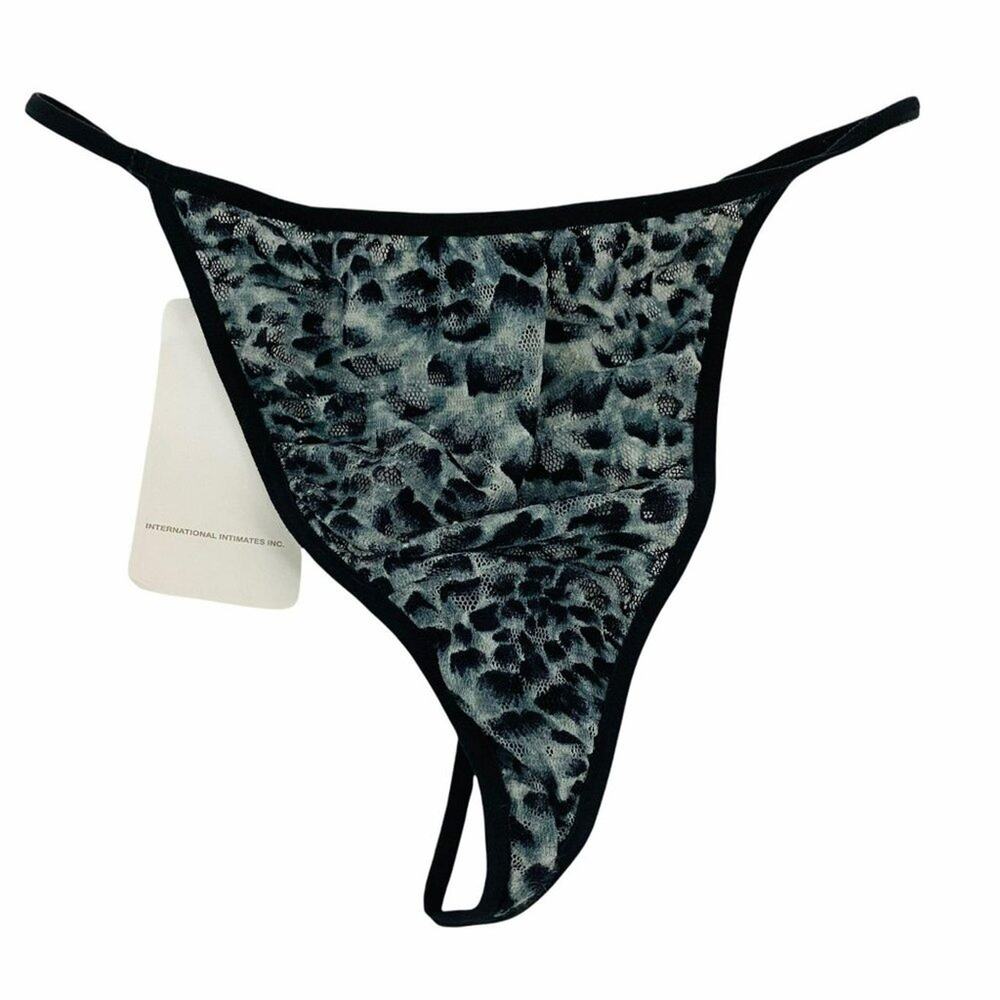 Rene Rofe Black Grey Leopard Animal Print G String Panty Rhinestone Boudoir
